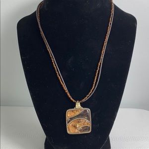 Brown Gold Tone Beaded Pendant Necklace